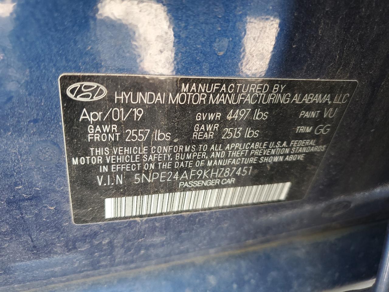 2019 Hyundai Sonata Se VIN: 5NPE24AF9KH787451 Lot: 67380074