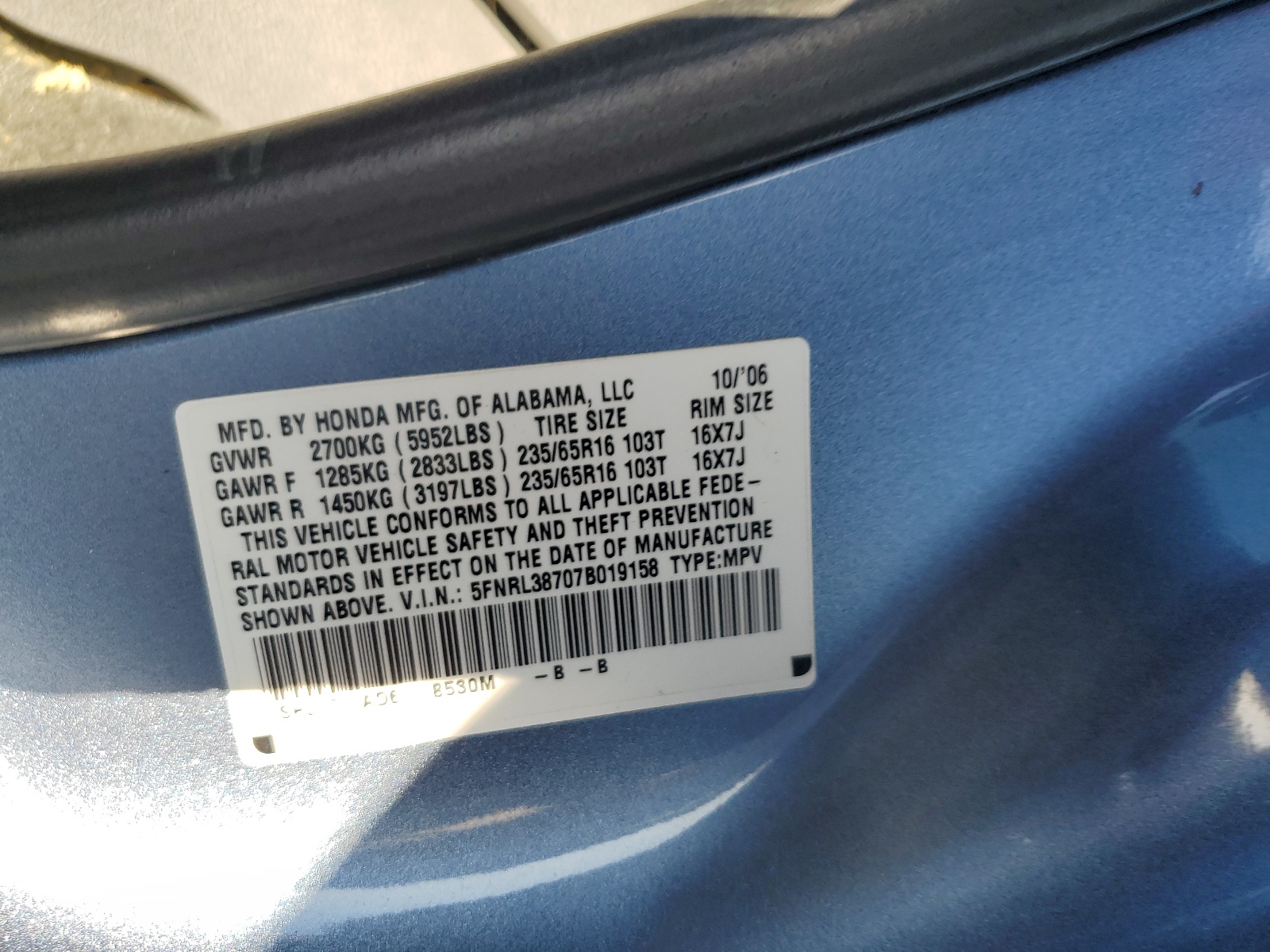 5FNRL38707B019158 2007 Honda Odyssey Exl