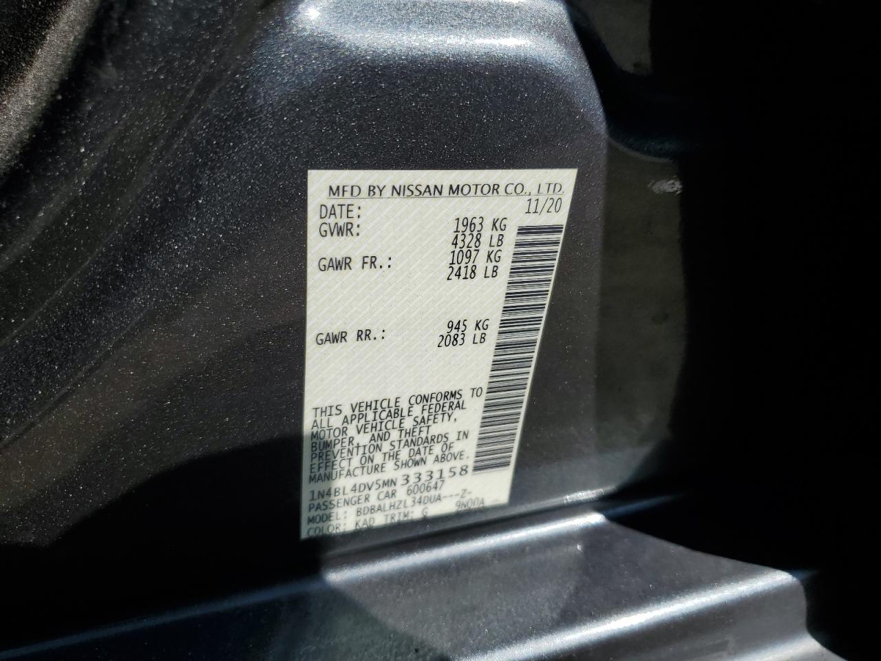 2021 Nissan Altima Sv VIN: 1N4BL4DV5MN333158 Lot: 68638364