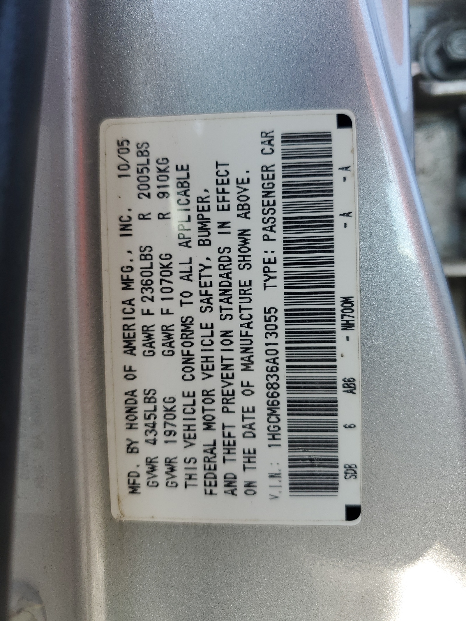 1HGCM66836A013055 2006 Honda Accord Ex