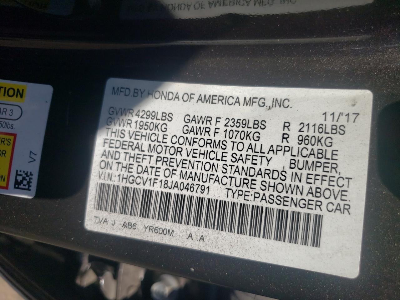 1HGCV1F18JA046791 2018 Honda Accord Lx