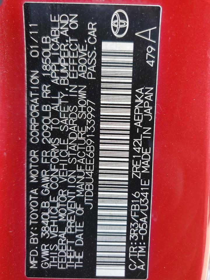 2011 Toyota Corolla Base VIN: JTDBU4EE6B9133997 Lot: 67091514