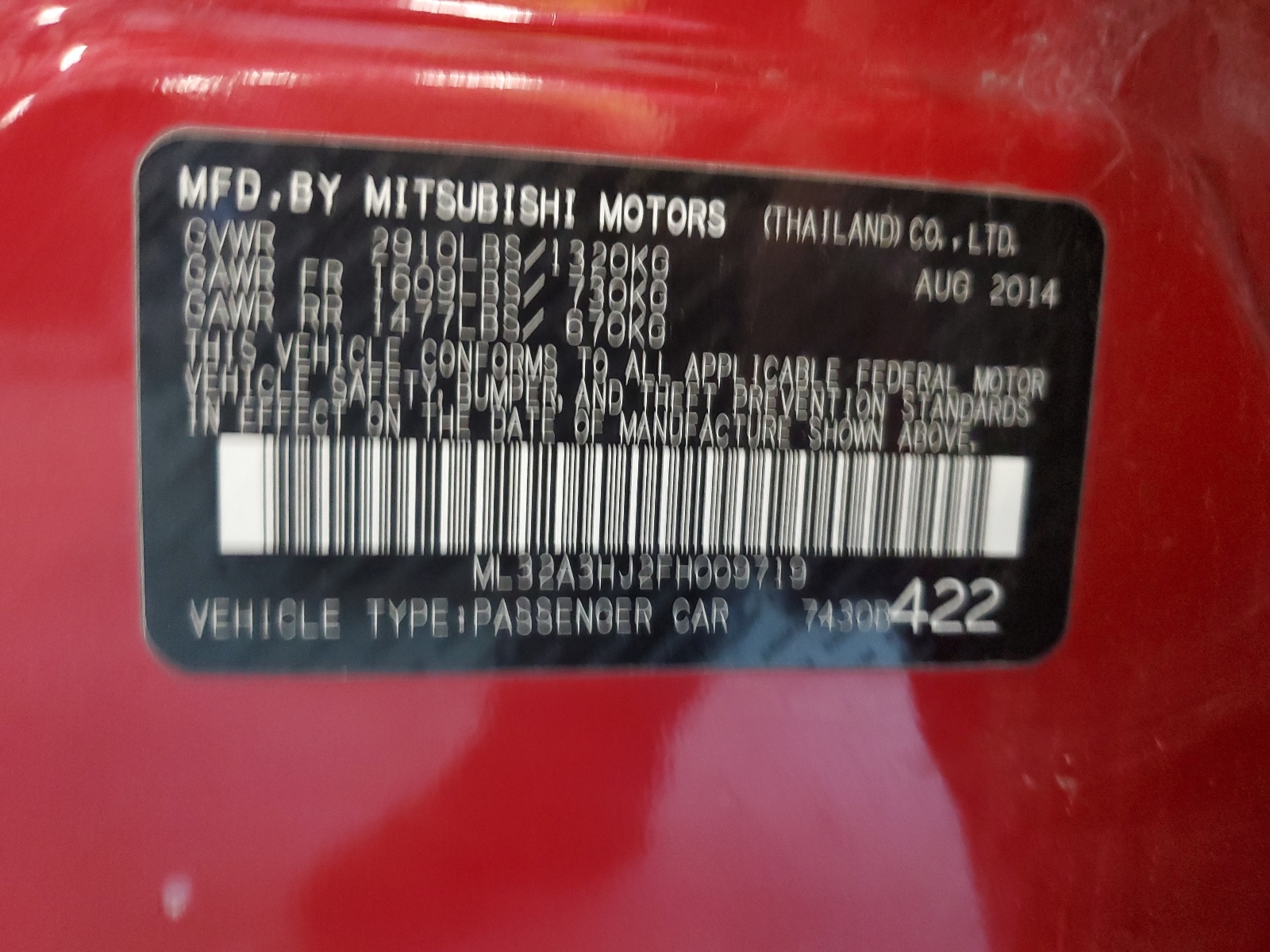 ML32A3HJ2FH009719 2015 Mitsubishi Mirage De