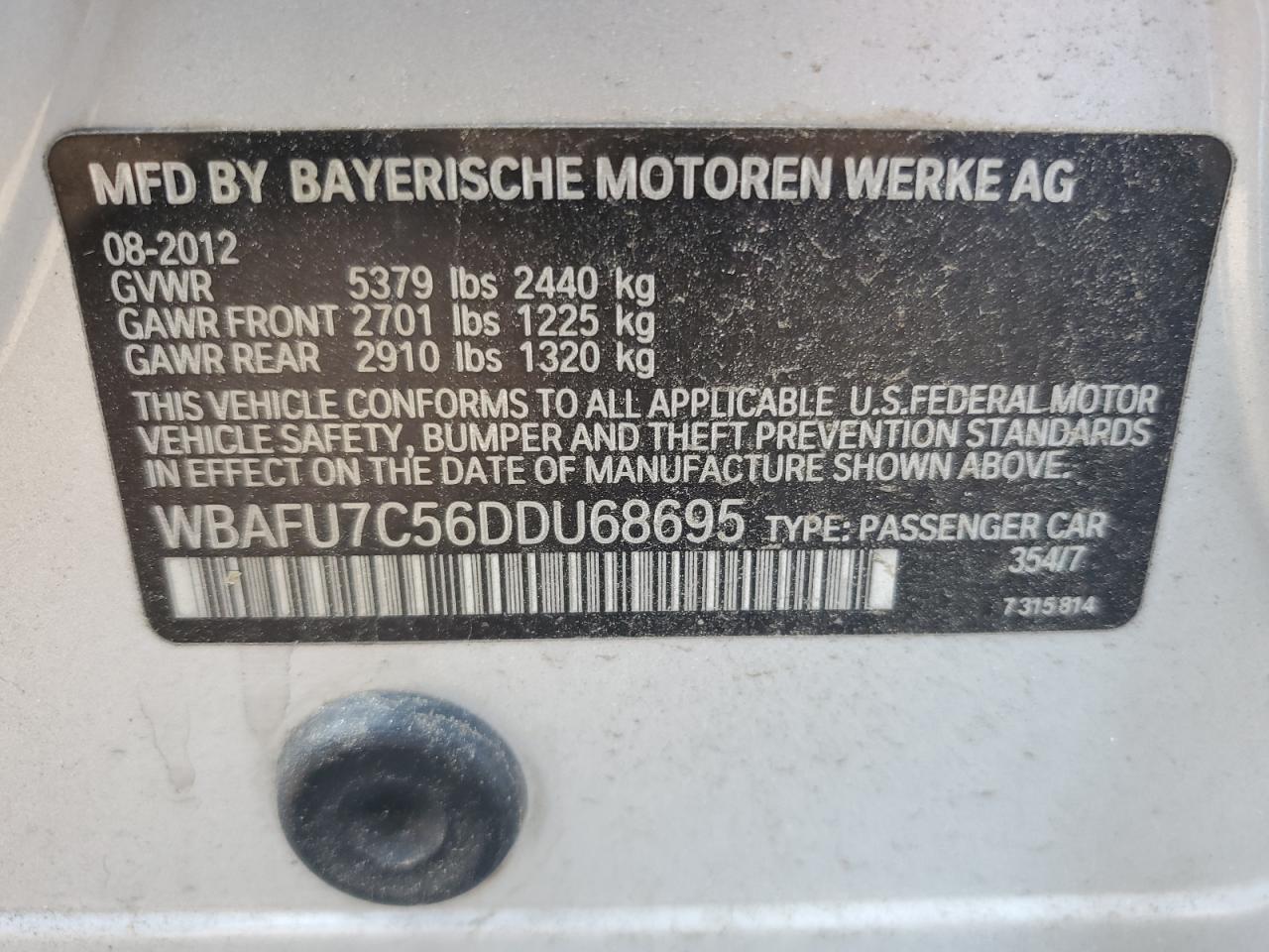 2013 BMW 535 Xi VIN: WBAFU7C56DDU68695 Lot: 65619054