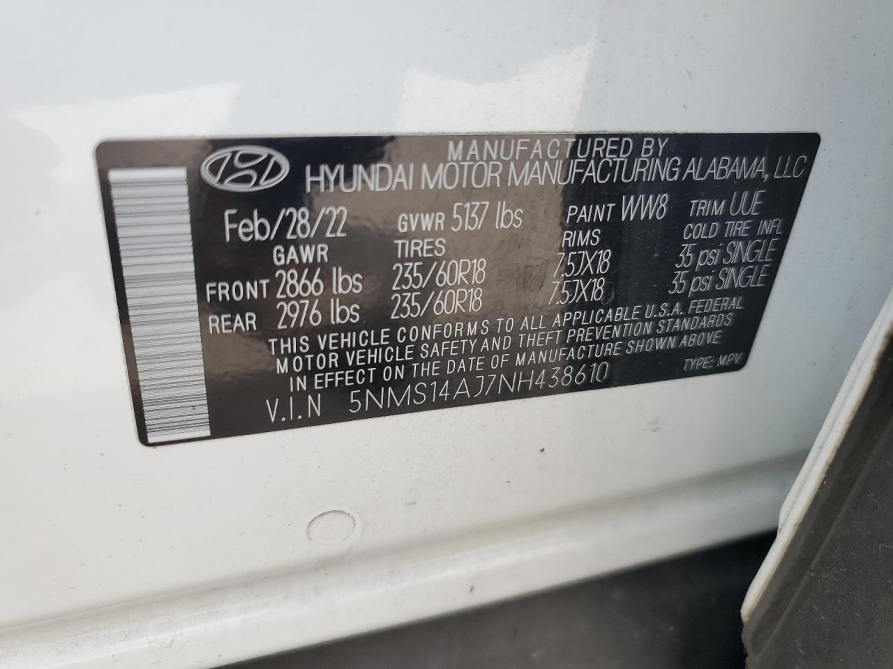 2022 Hyundai Santa Fe Se VIN: 5NMS14AJ7NH438610 Lot: 69020454