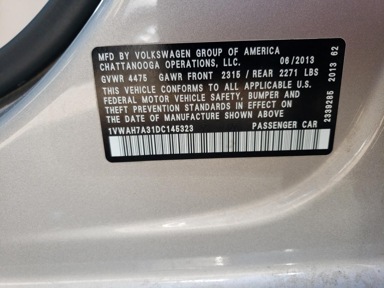 2013 Volkswagen Passat S VIN: 1VWAH7A31DC145323 Lot: 63648174