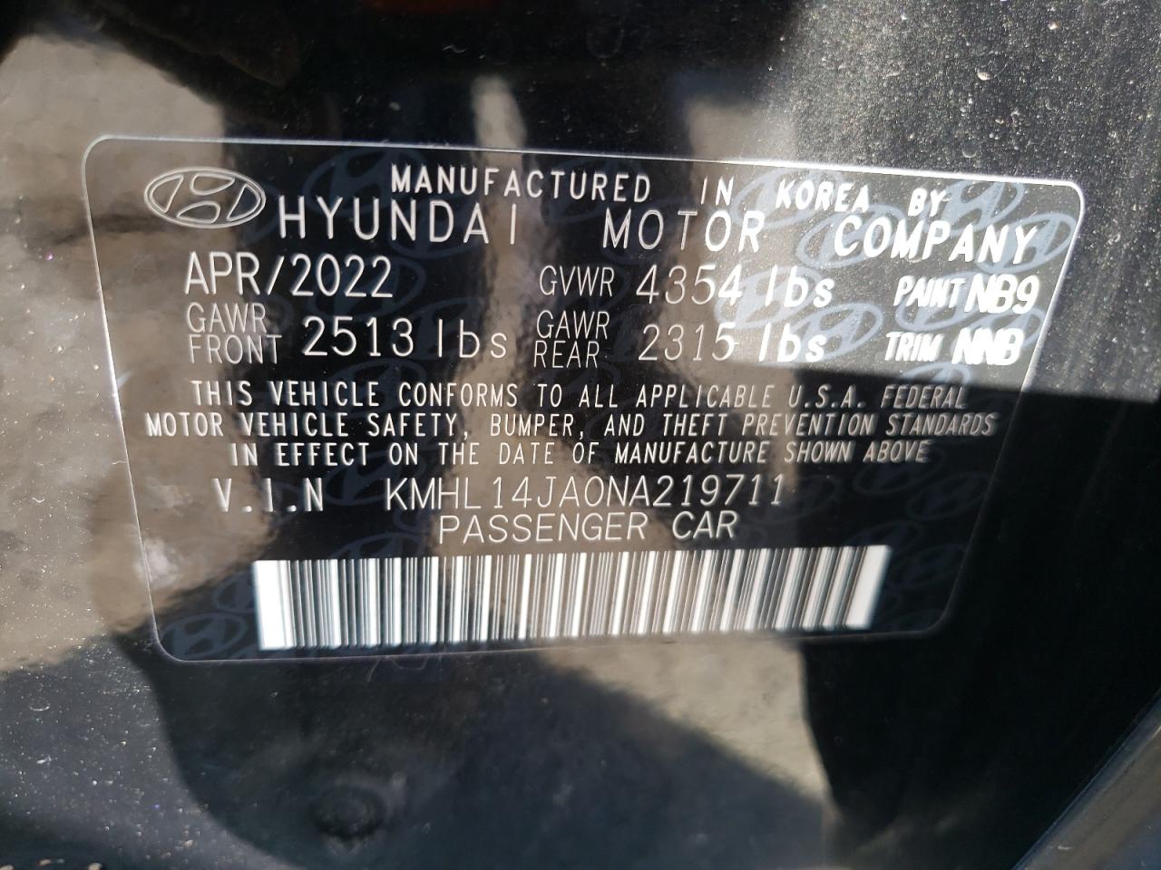 2022 Hyundai Sonata Sel VIN: KMHL14JA0NA219711 Lot: 68923424