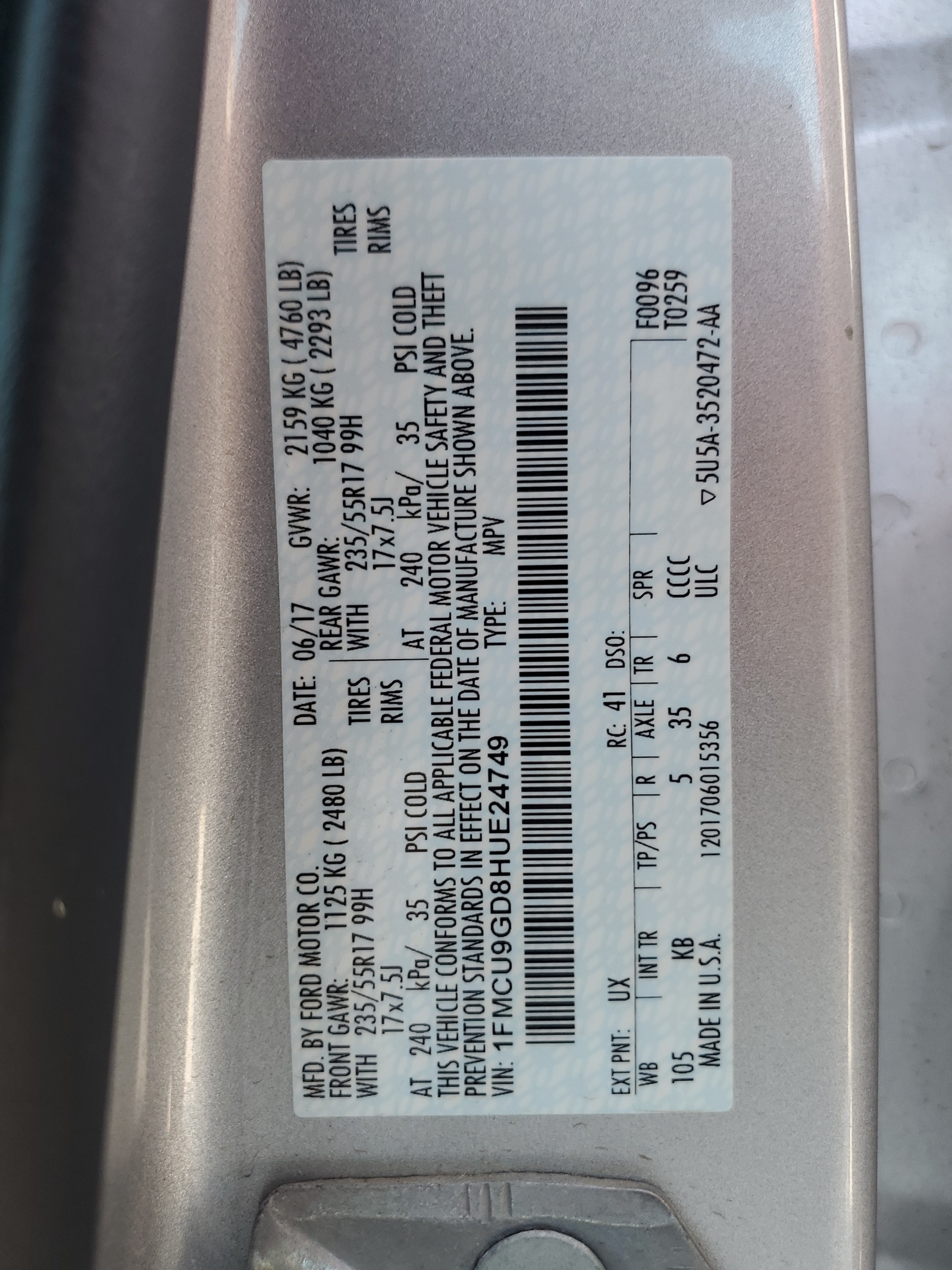 1FMCU9GD8HUE24749 2017 Ford Escape Se