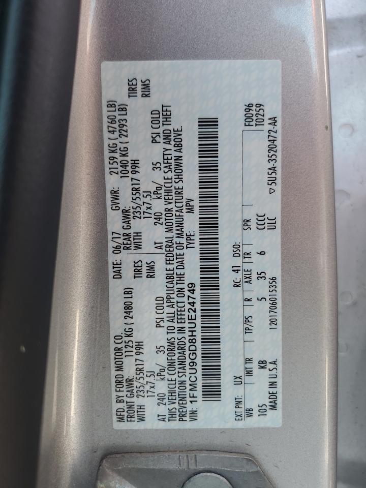 2017 Ford Escape Se VIN: 1FMCU9GD8HUE24749 Lot: 66188564