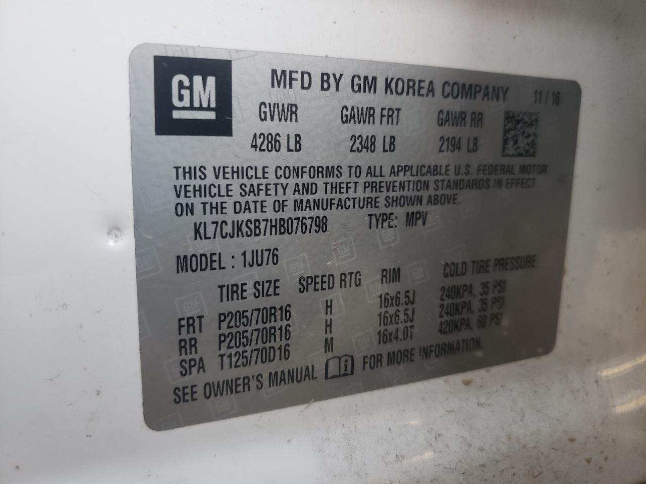 KL7CJKSB7HB076798 2017 Chevrolet Trax Ls