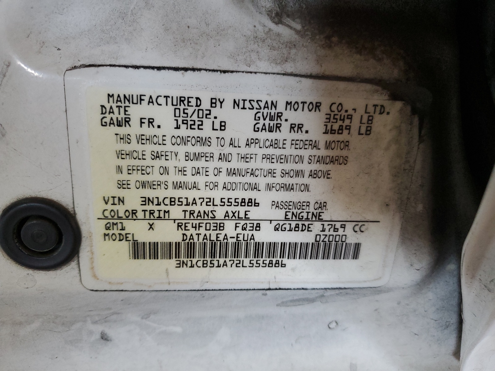 3N1CB51A72L555886 2002 Nissan Sentra Gxe