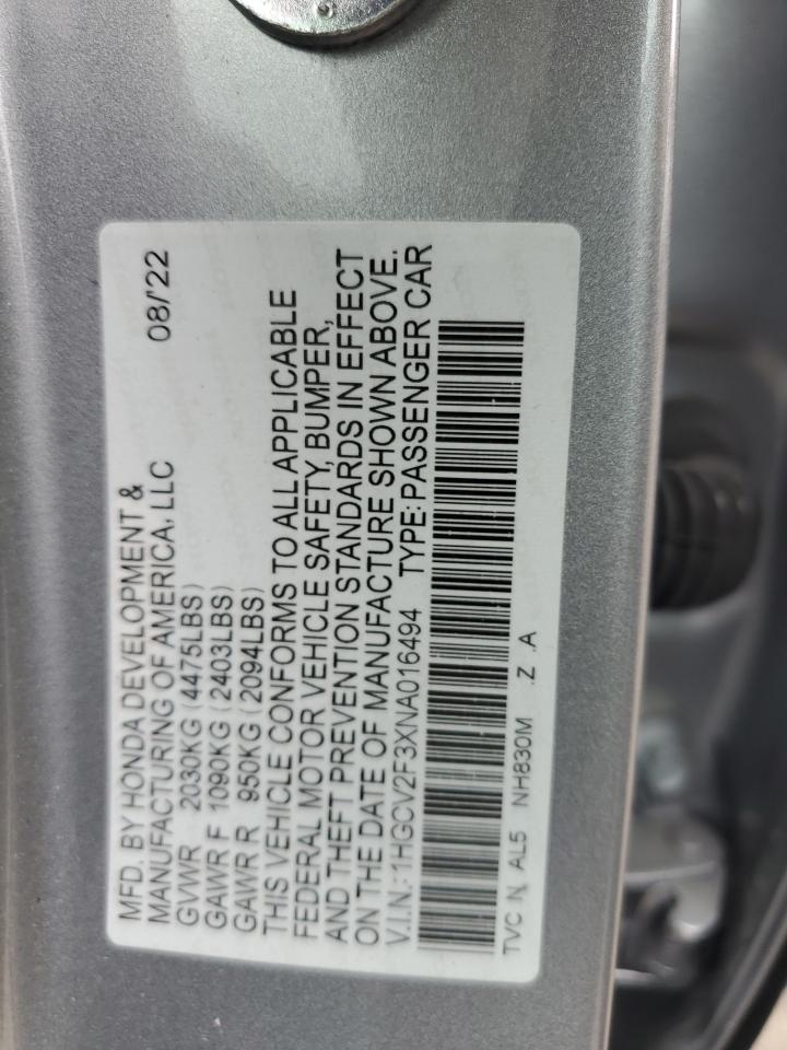 2022 Honda Accord Sport VIN: 1HGCV2F3XNA016494 Lot: 65409144