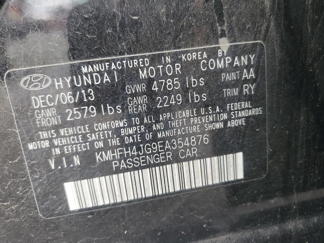 KMHFH4JG9EA354876 2014 Hyundai Azera Gls