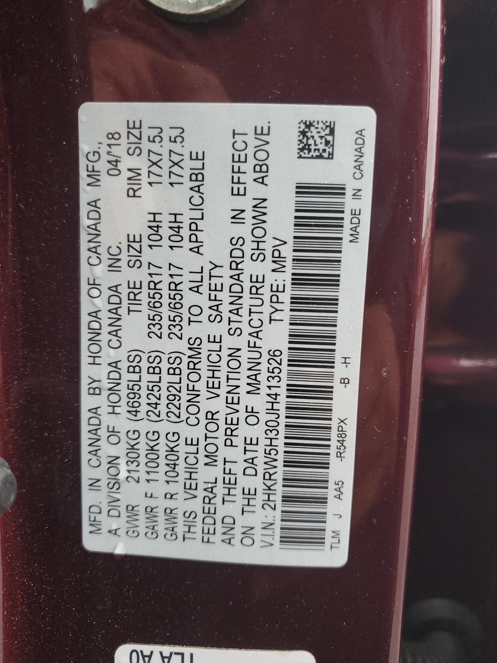 2HKRW5H30JH413526 2018 Honda Cr-V Lx