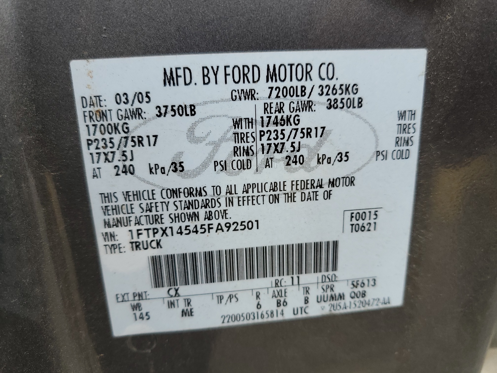 1FTPX14545FA92501 2005 Ford F150