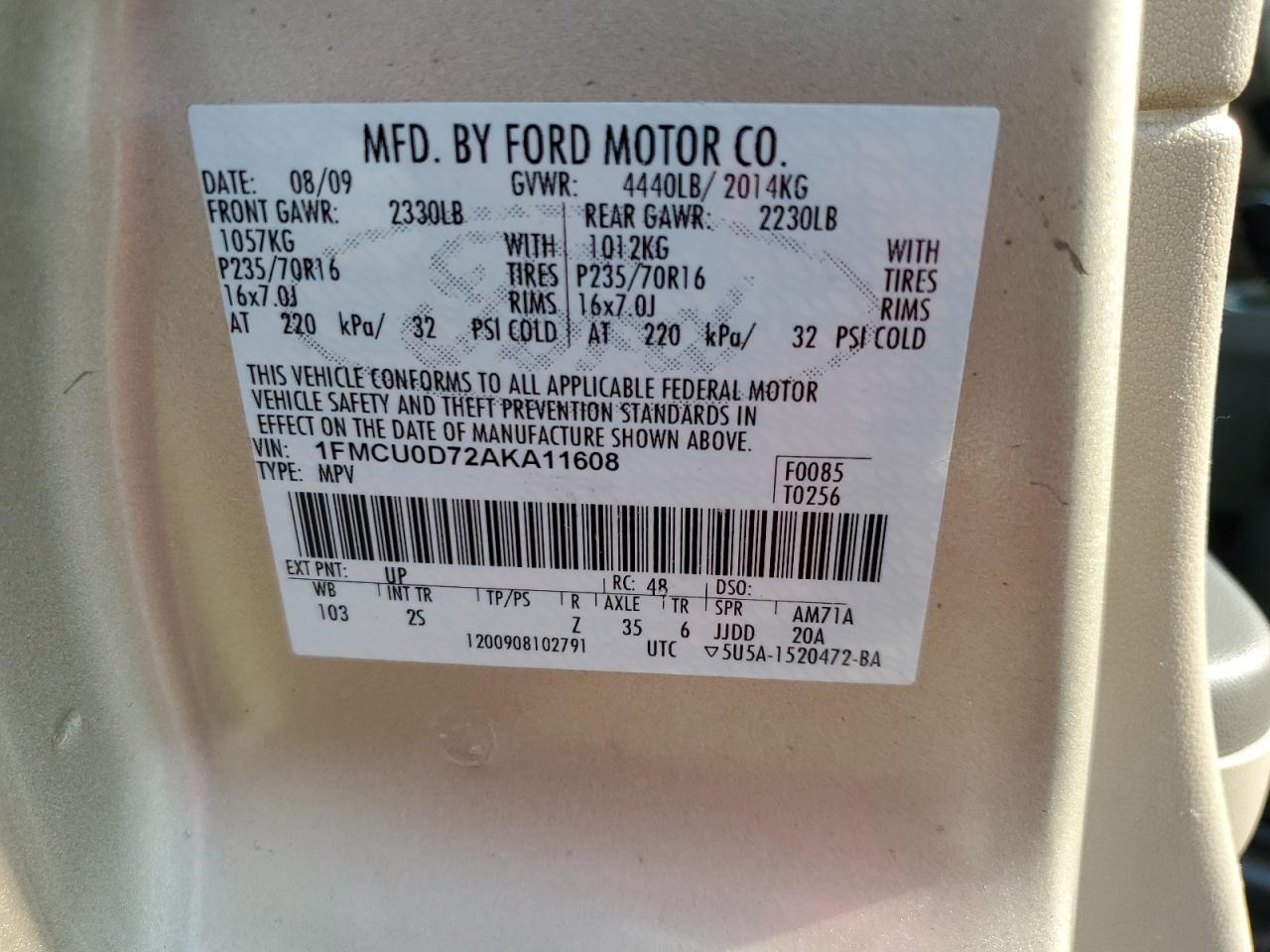 2010 Ford Escape Xlt VIN: 1FMCU0D72AKA11608 Lot: 65972384