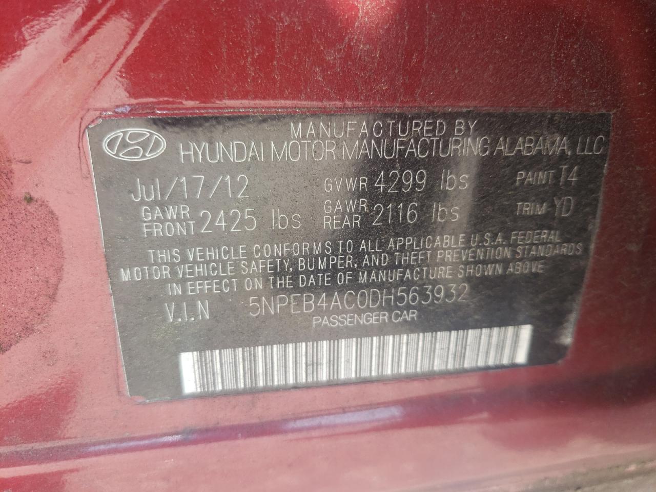 5NPEB4AC0DH563932 2013 Hyundai Sonata Gls