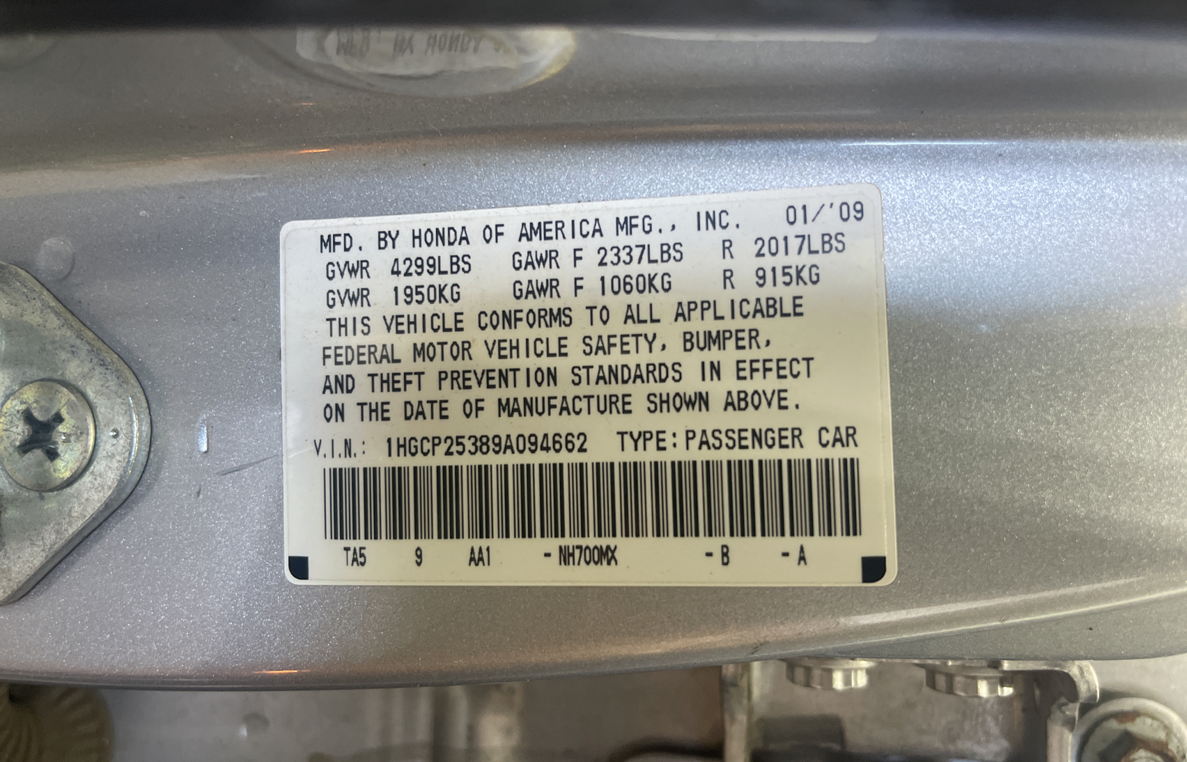 1HGCP25389A094662 2009 Honda Accord Lx