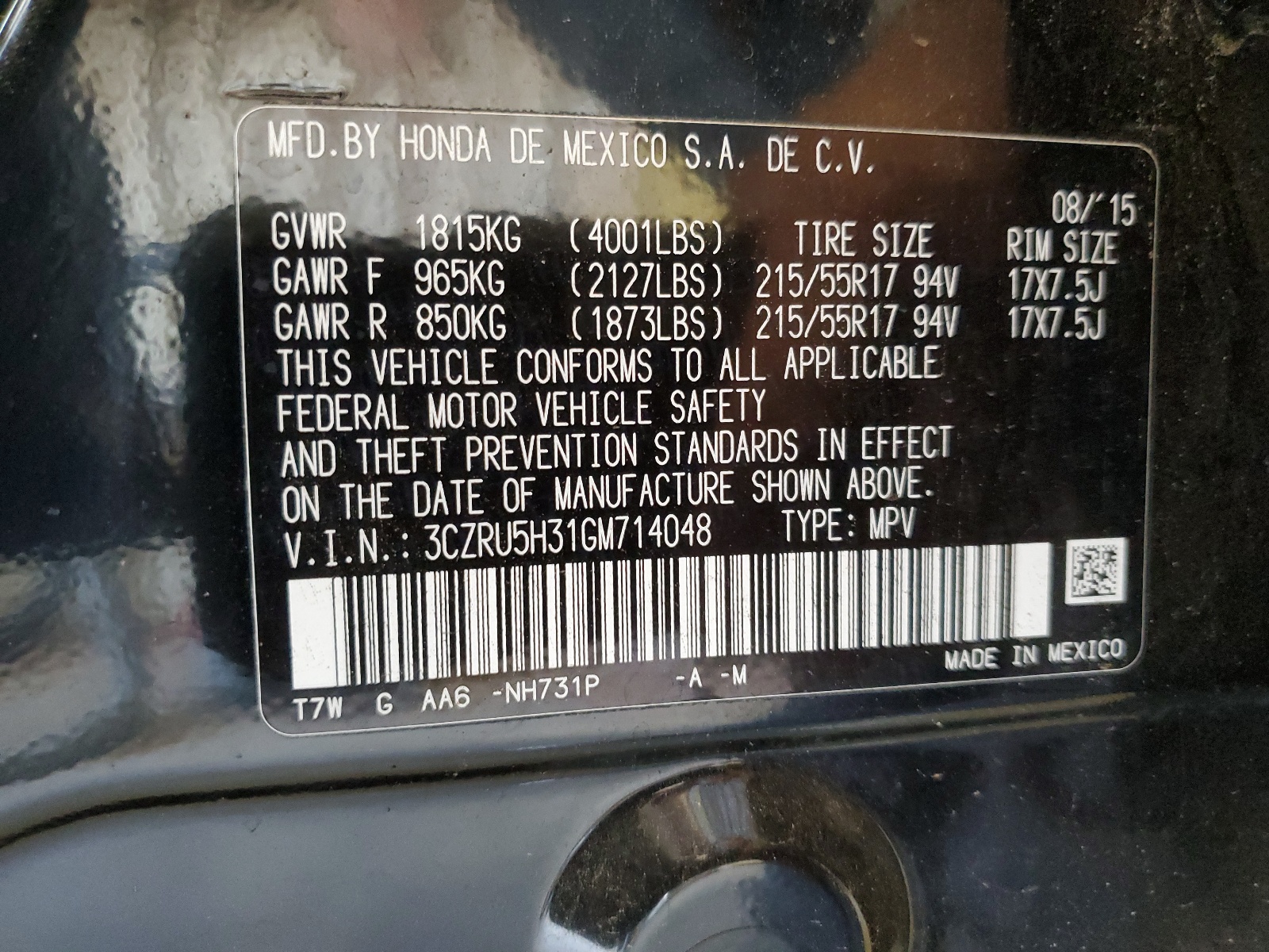 3CZRU5H31GM714048 2016 Honda Hr-V Lx