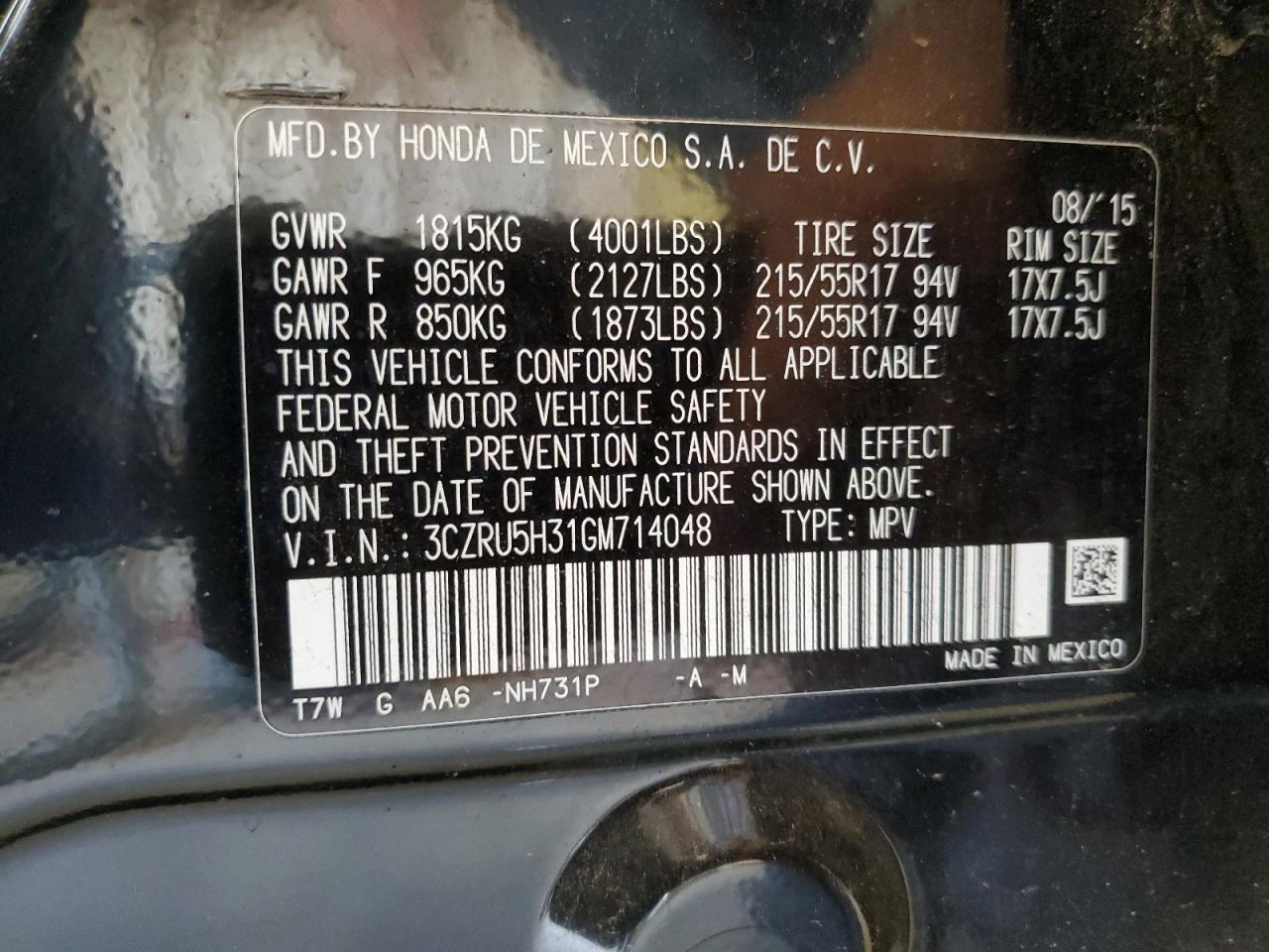 2016 Honda Hr-V Lx VIN: 3CZRU5H31GM714048 Lot: 67209254