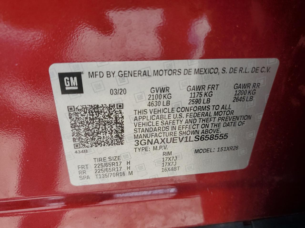 2020 Chevrolet Equinox Lt VIN: 3GNAXUEV1LS658555 Lot: 67968214