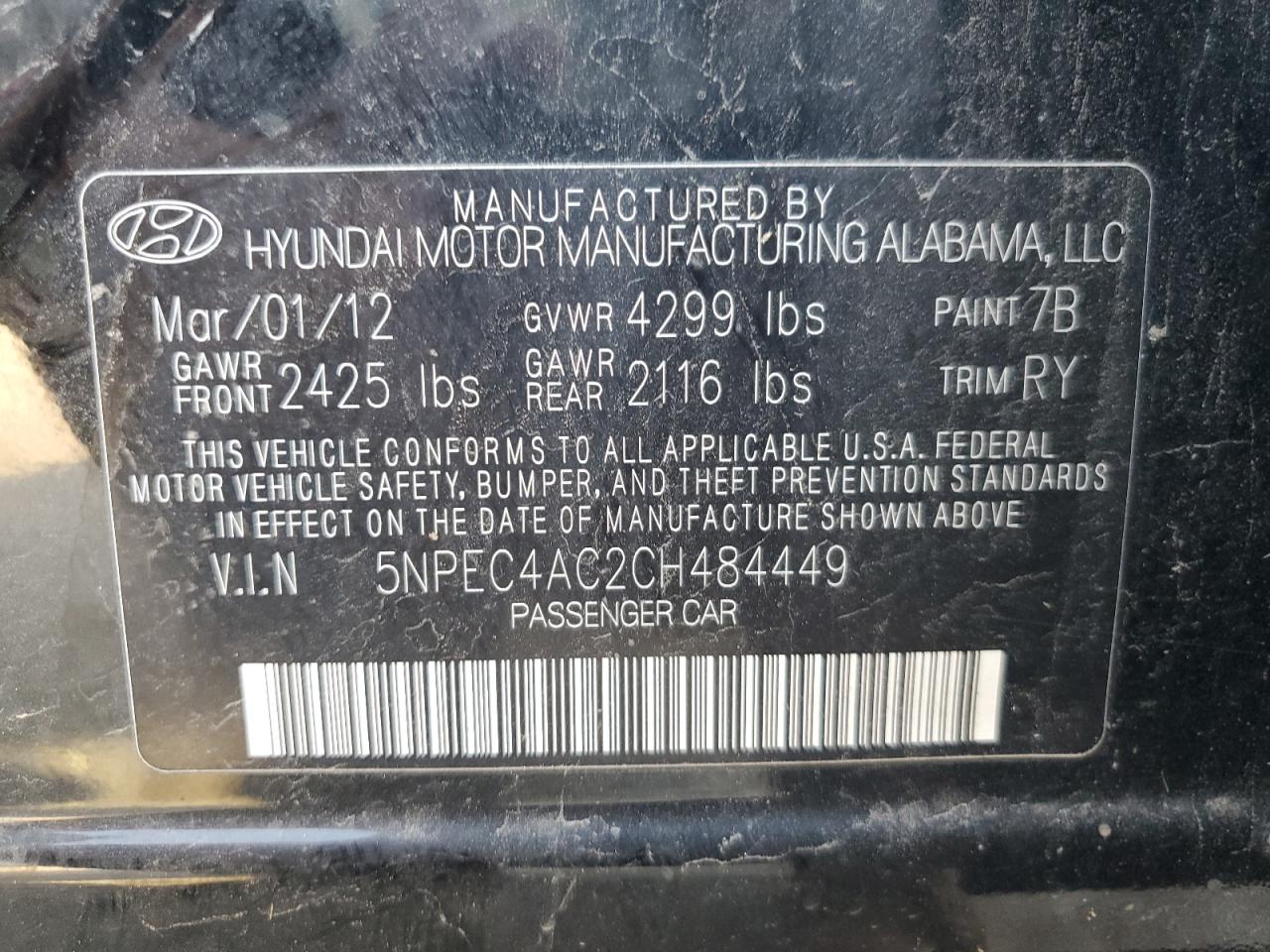 2012 Hyundai Sonata Se VIN: 5NPEC4AC2CH484449 Lot: 65794834