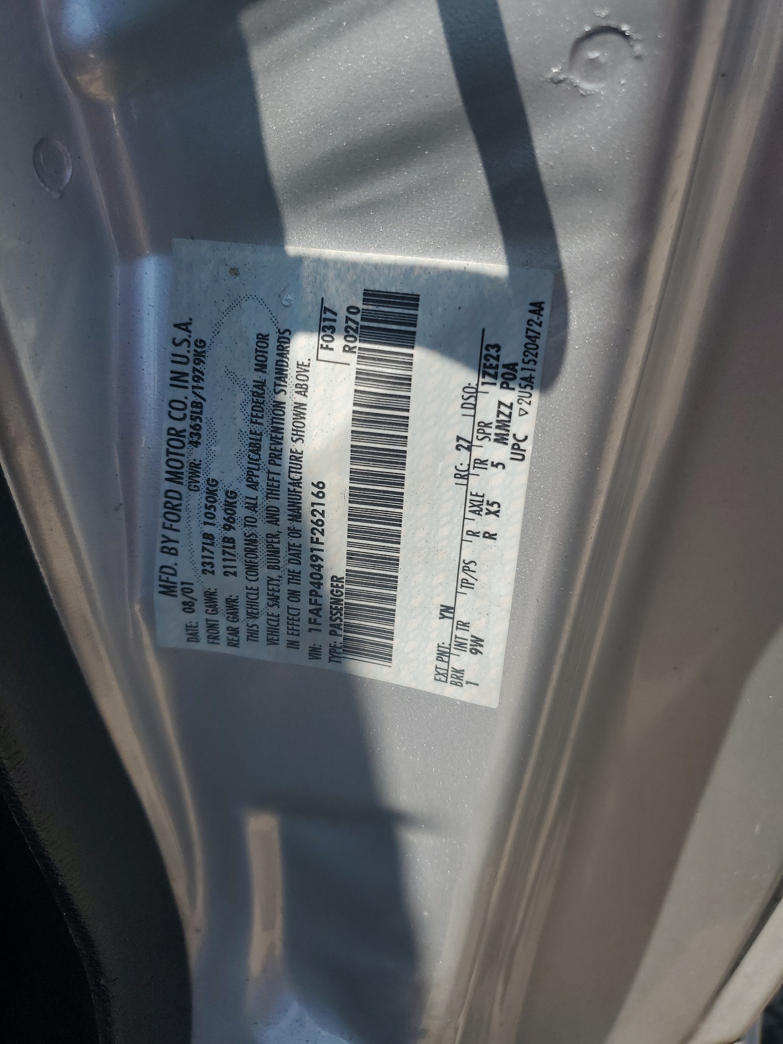 1fafp40491f262166 1FAFP40491F262166 2001 Ford Mustang