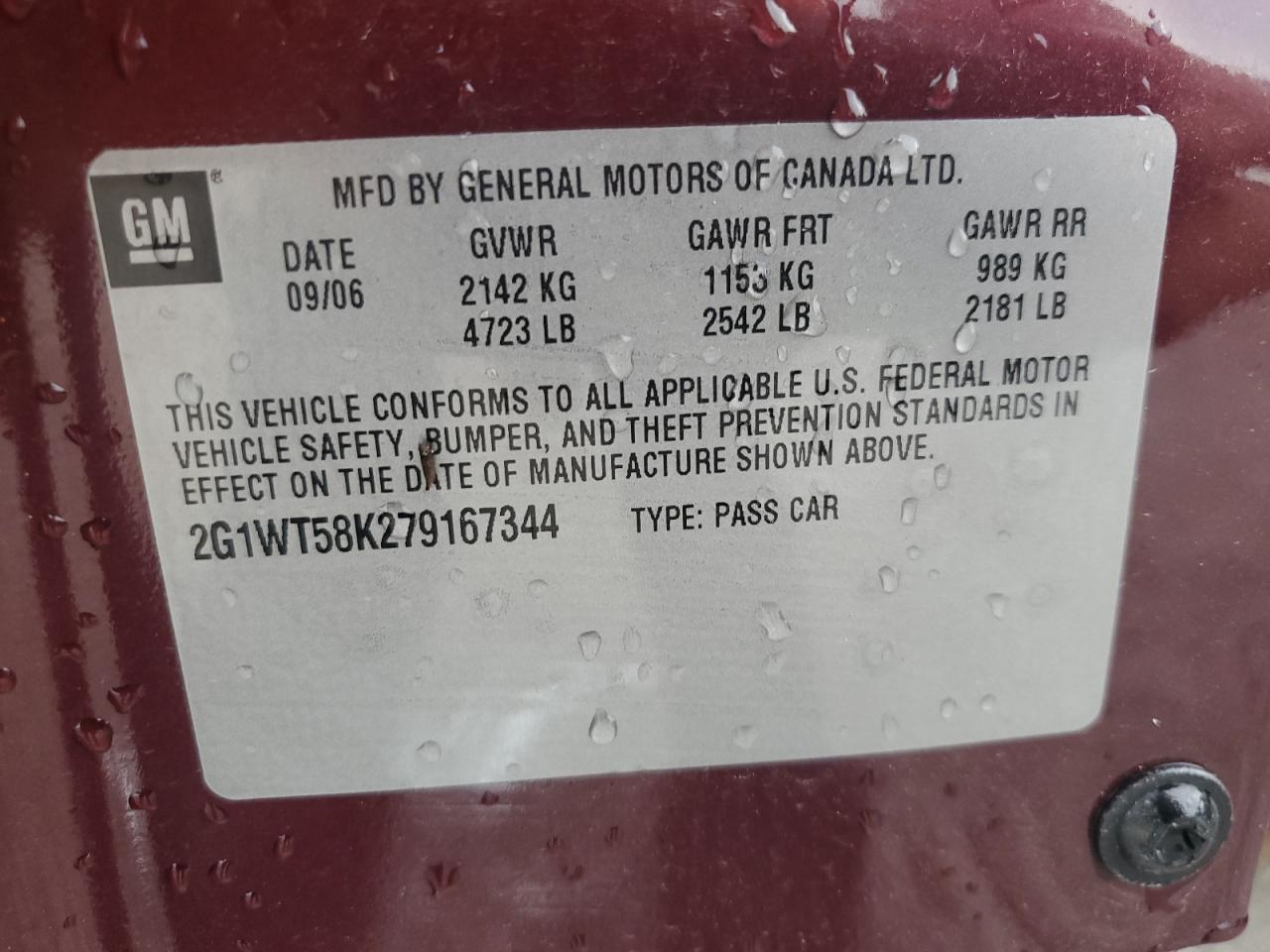 2007 Chevrolet Impala Lt VIN: 2G1WT58K279167344 Lot: 66542654