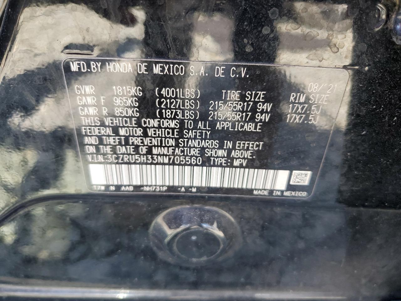 2022 Honda Hr-V Lx VIN: 3CZRU5H33NM705560 Lot: 65884114