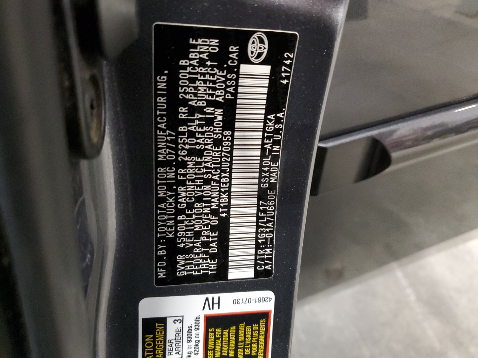 4T1BK1EBXJU270958 2018 Toyota Avalon Xle