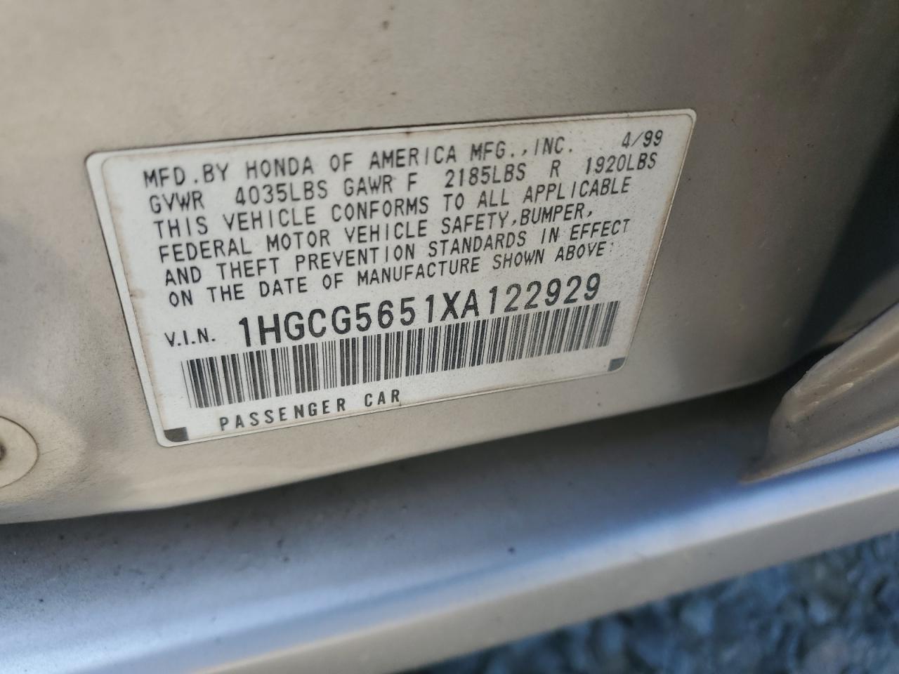 1HGCG5651XA122929 1999 Honda Accord Ex