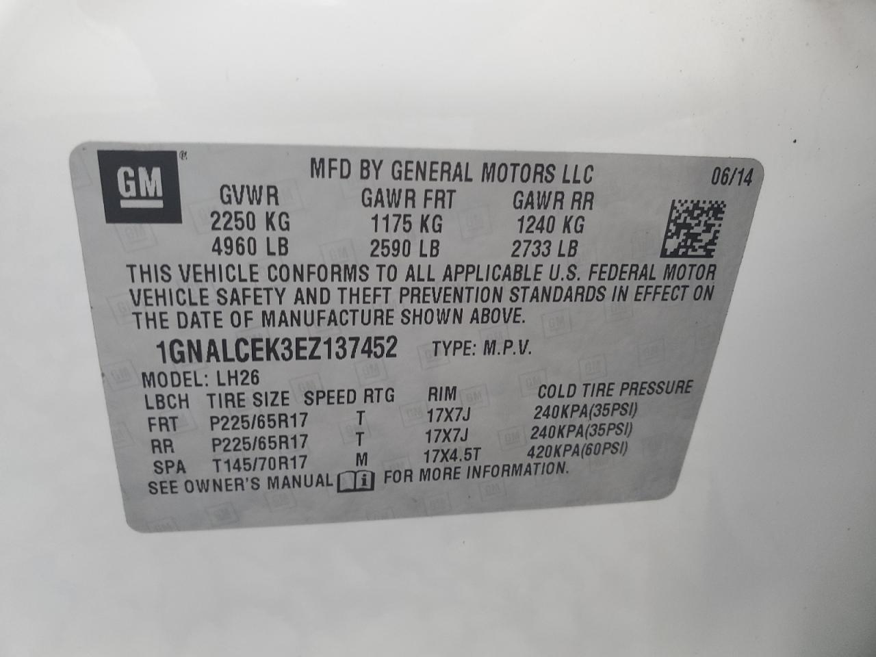 1GNALCEK3EZ137452 2014 Chevrolet Equinox Lt