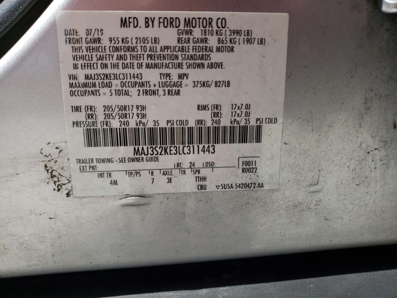 2020 Ford Ecosport Titanium VIN: MAJ3S2KE3LC311443 Lot: 65457884