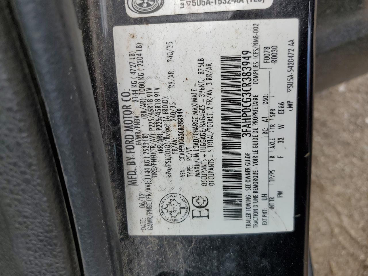 2012 Ford Fusion Sel VIN: 3FAHP0CG3CR383949 Lot: 68807894