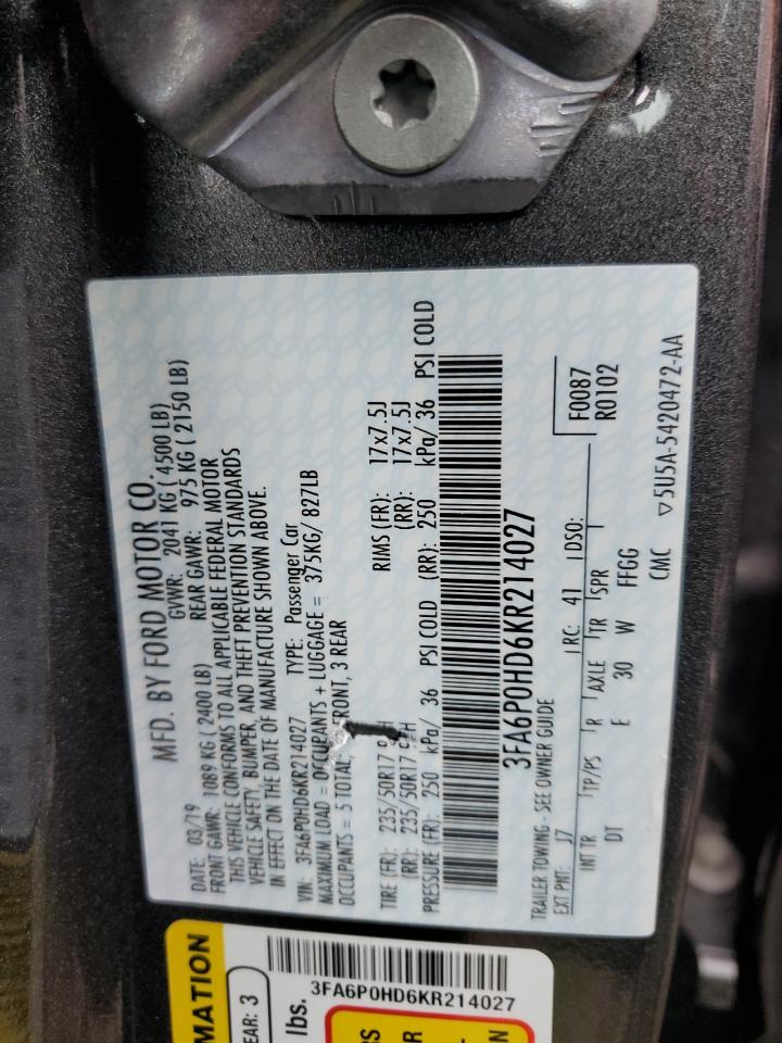 3FA6P0HD6KR214027 2019 Ford Fusion Se