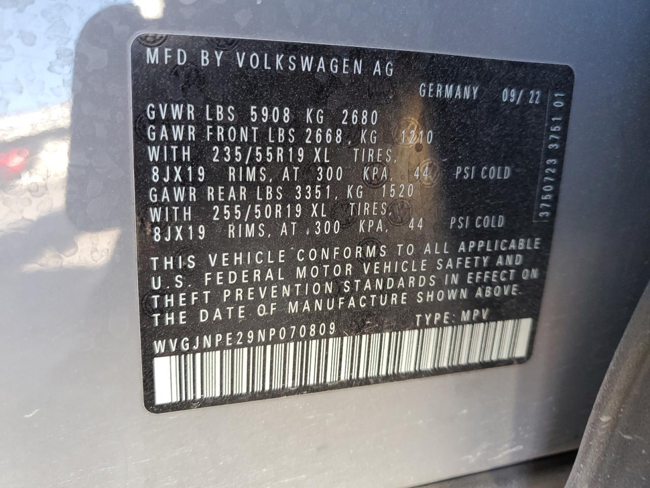 2022 Volkswagen Id.4 Pro VIN: WVGJNPE29NP070809 Lot: 68446094