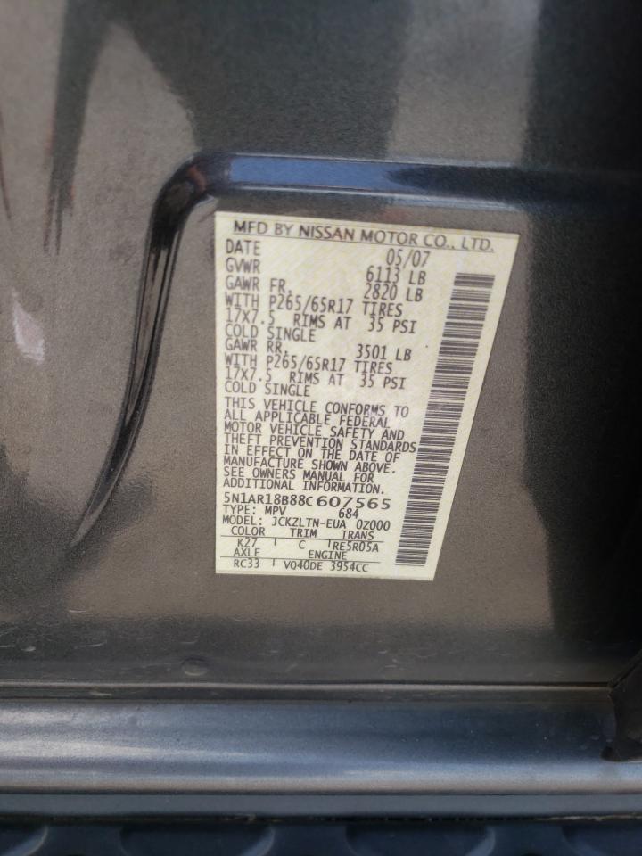 2008 Nissan Pathfinder S VIN: 5N1AR18B88C607565 Lot: 66858394