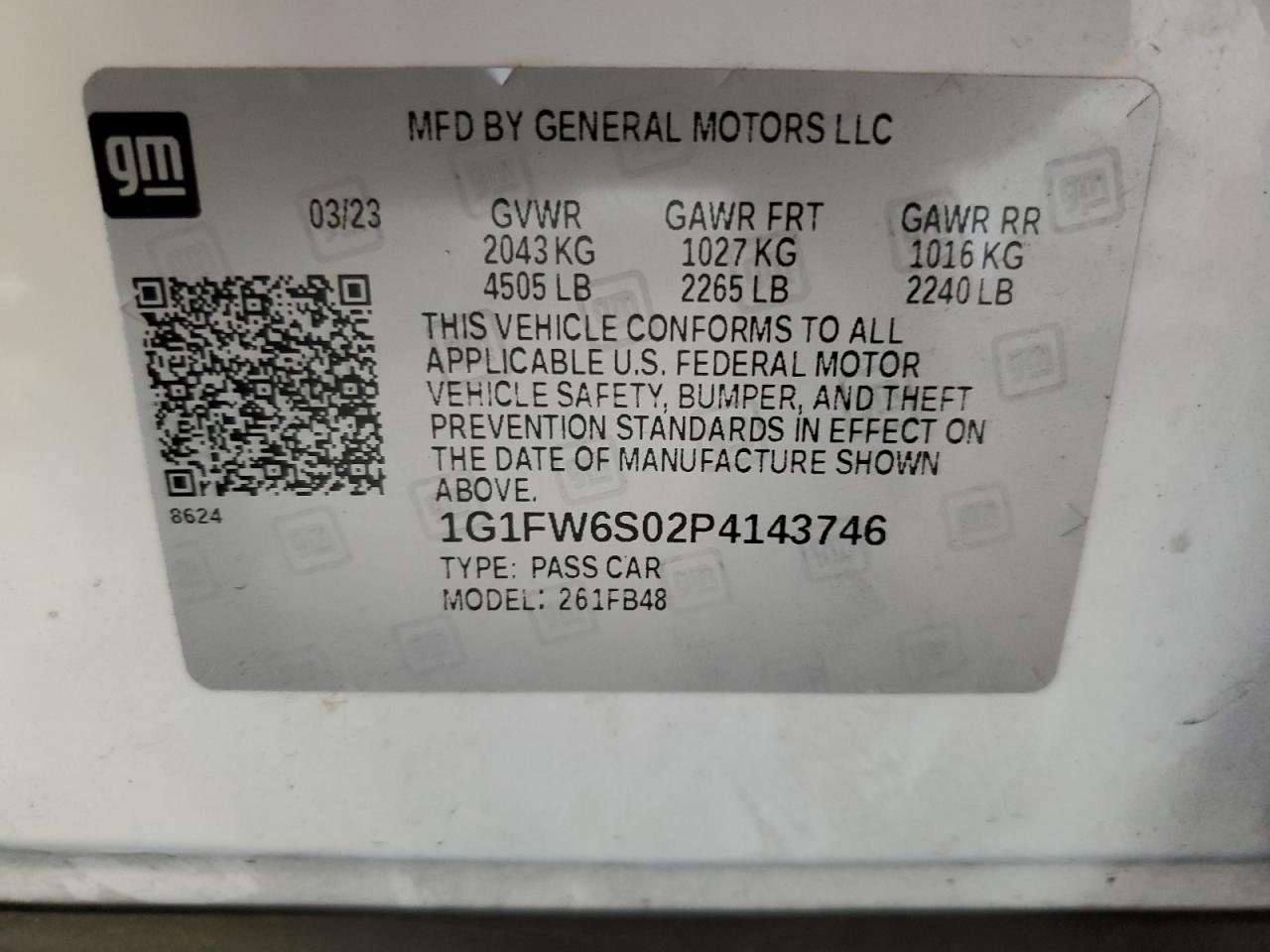 2023 Chevrolet Bolt Ev 1Lt VIN: 1G1FW6S02P4143746 Lot: 68128154