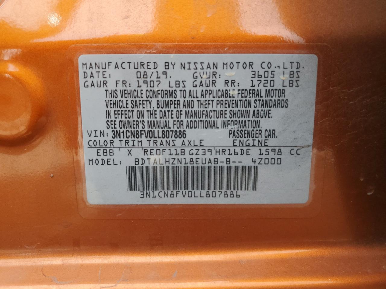 3N1CN8FV0LL807886 2020 Nissan Versa Sr