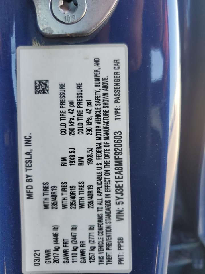 5YJ3E1EA8MF920603 2021 Tesla Model 3