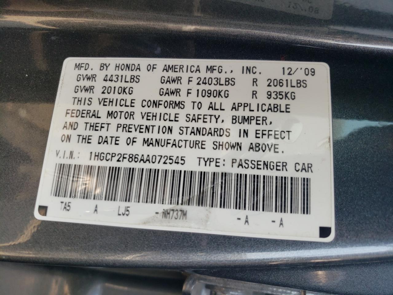 1HGCP2F86AA072545 2010 Honda Accord Exl