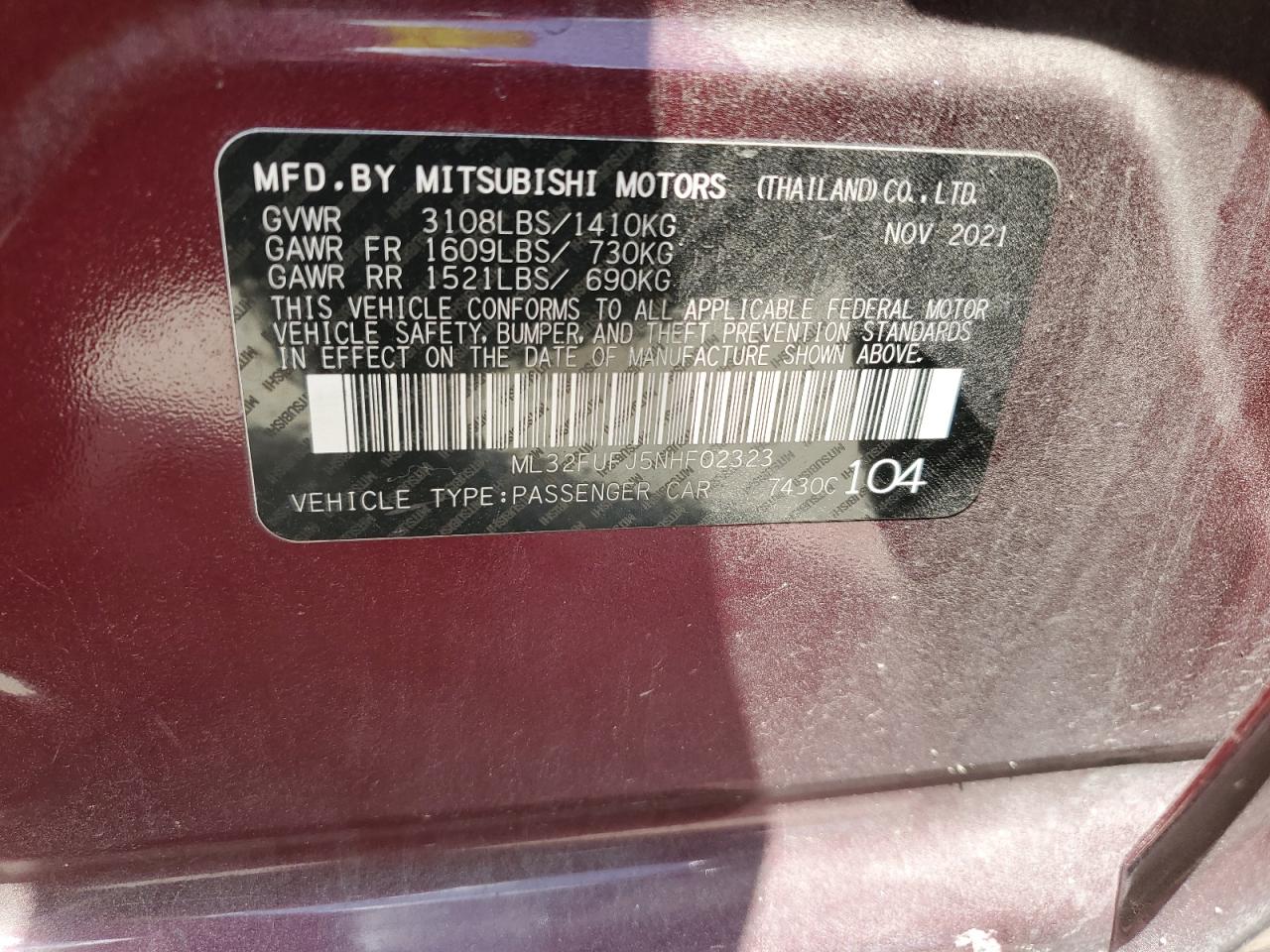 ML32FUFJ5NHF02323 2022 Mitsubishi Mirage G4 Es