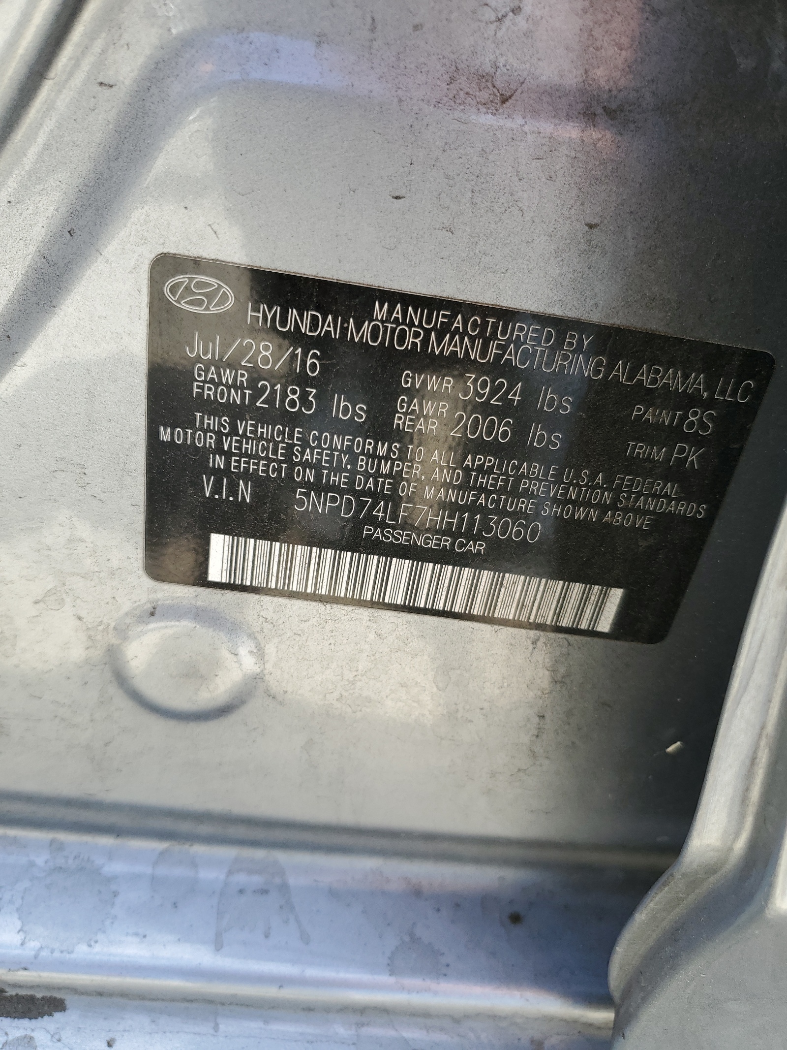 2017 Hyundai Elantra Se vin: 5NPD74LF7HH113060