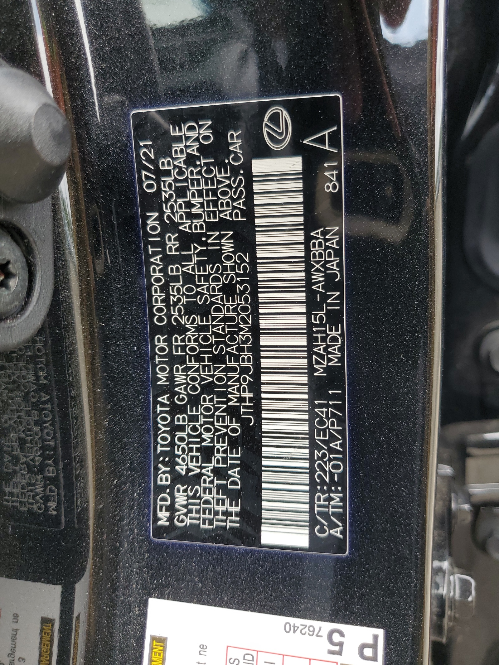 JTHP9JBH3M2053152 2021 Lexus Ux 250H