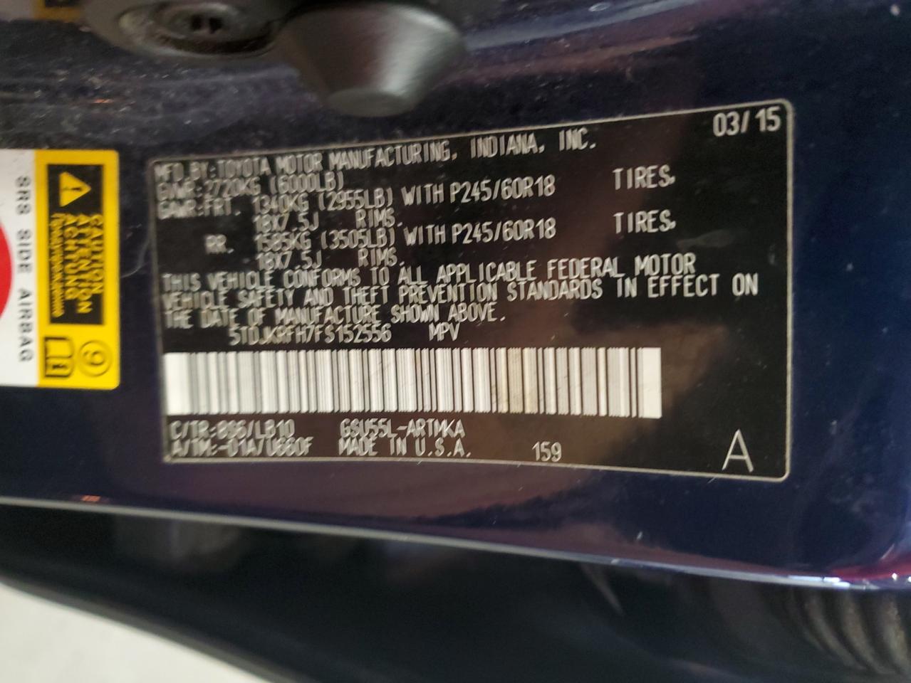 2015 Toyota Highlander Xle VIN: 5TDJKRFH7FS152556 Lot: 66804004