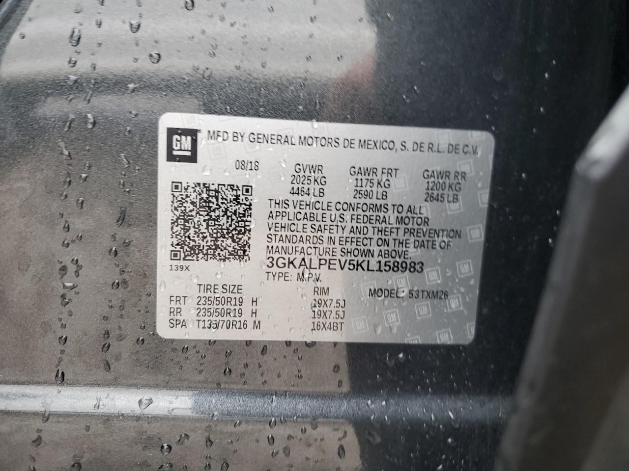 2019 GMC Terrain Slt VIN: 3GKALPEV5KL158983 Lot: 66305024