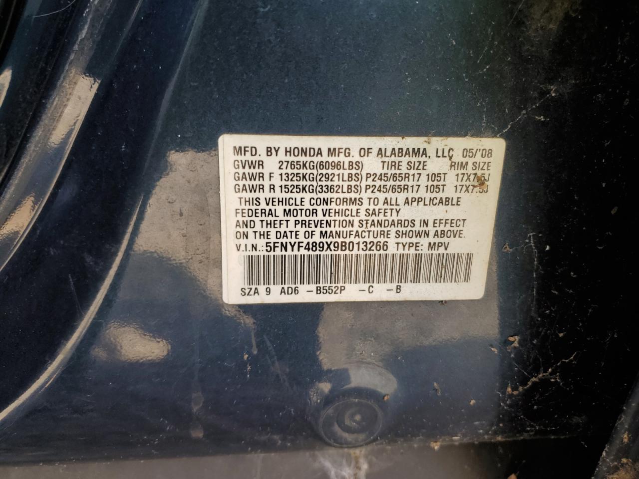 2009 Honda Pilot Touring VIN: 5FNYF489X9B013266 Lot: 66993674