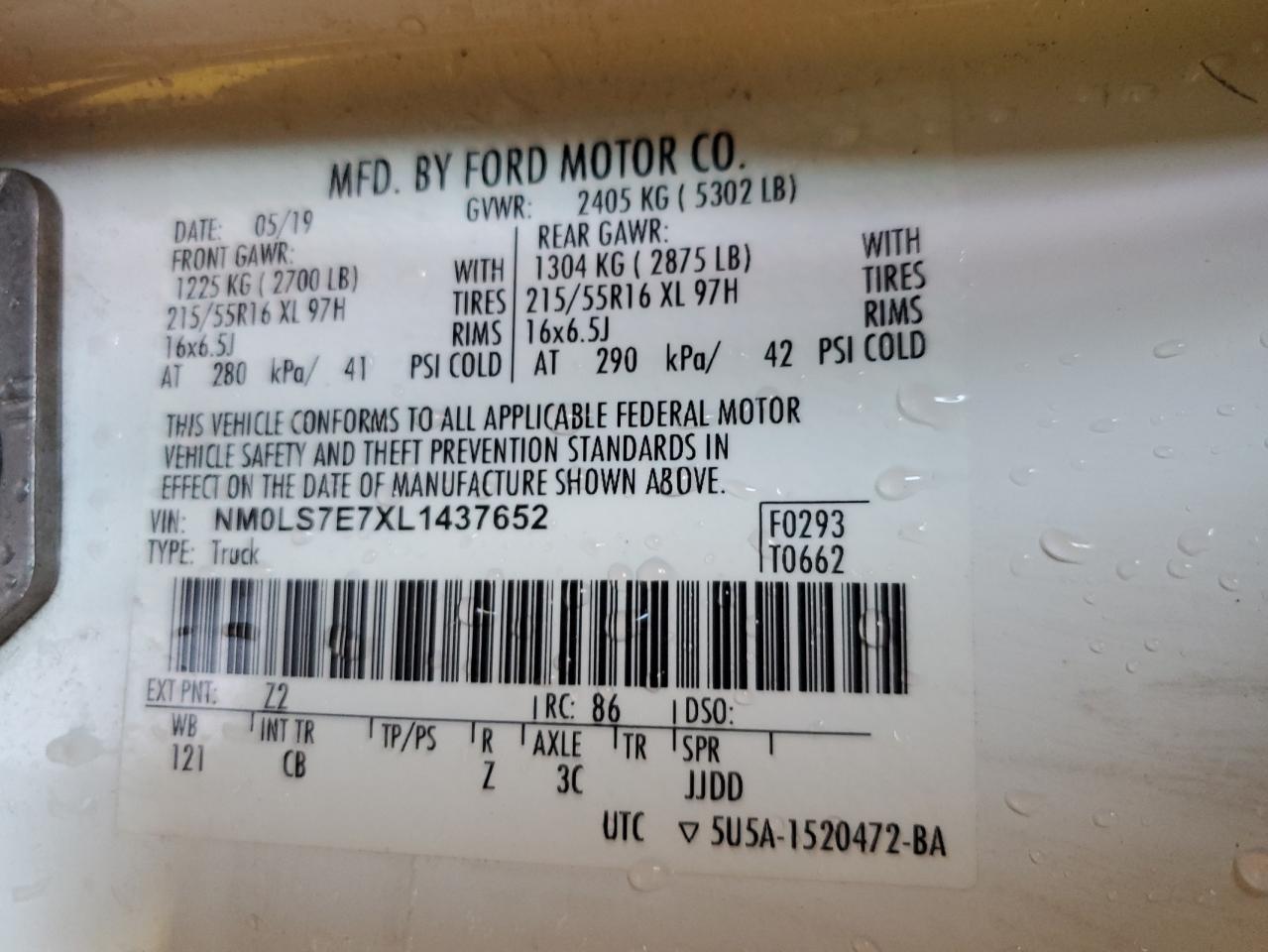 2020 Ford Transit Connect Xl VIN: NM0LS7E7XL1437652 Lot: 66432954