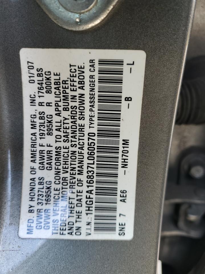2007 Honda Civic Ex VIN: 1HGFA16837L060570 Lot: 67388124