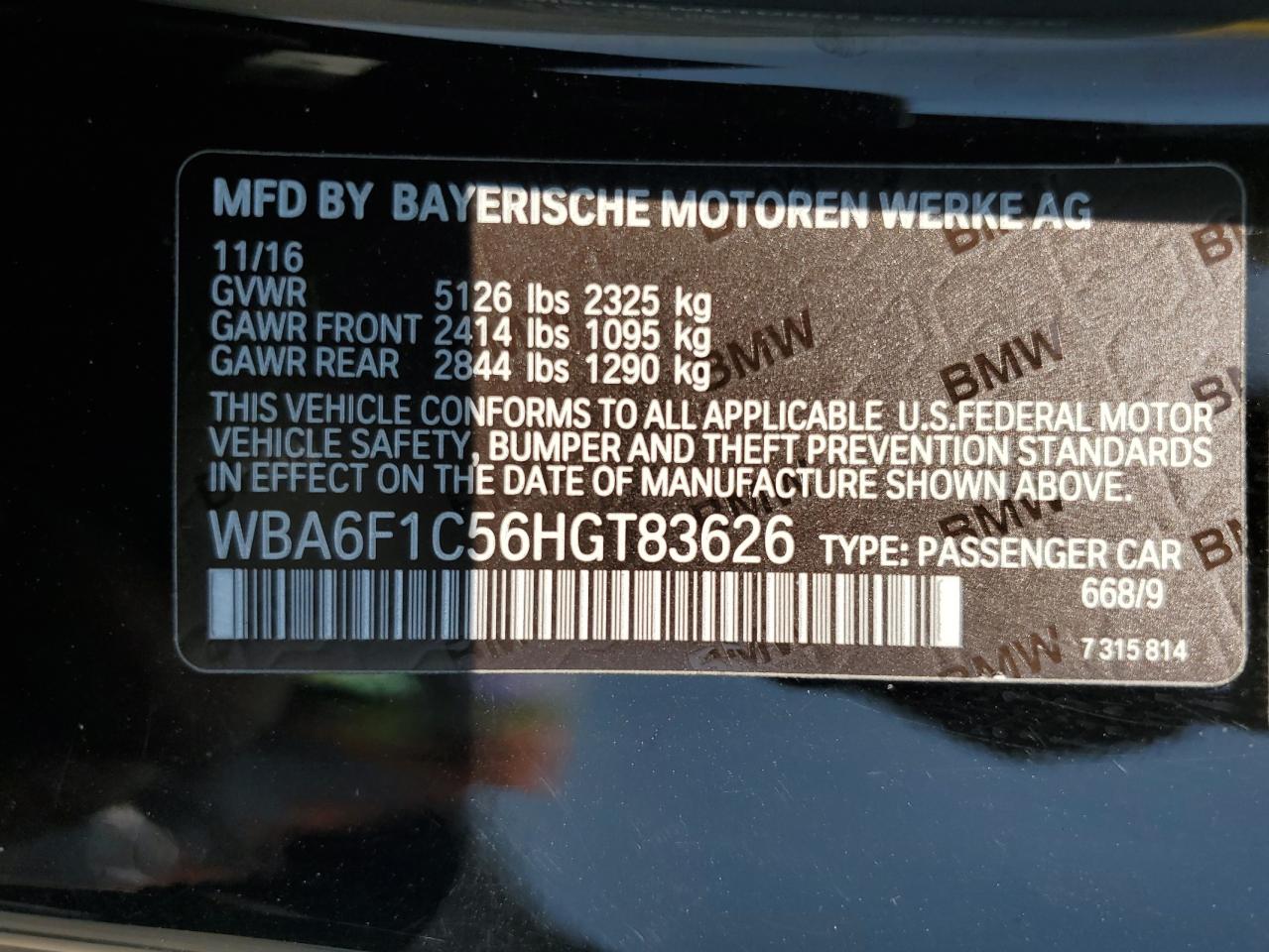 2017 BMW 640 I VIN: WBA6F1C56HGT83626 Lot: 68488584